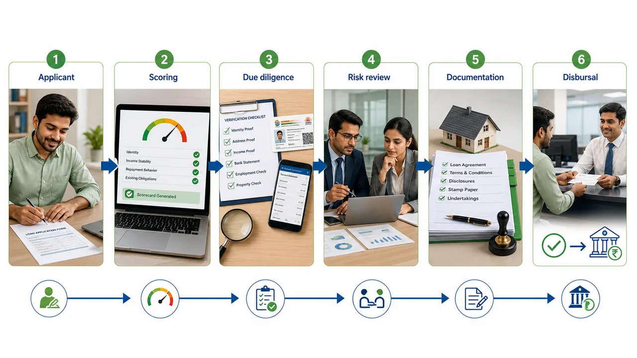 Retail loan application process in banking showing applicant submission, scoring, due diligence, risk review, documentation, and final branch disbursal