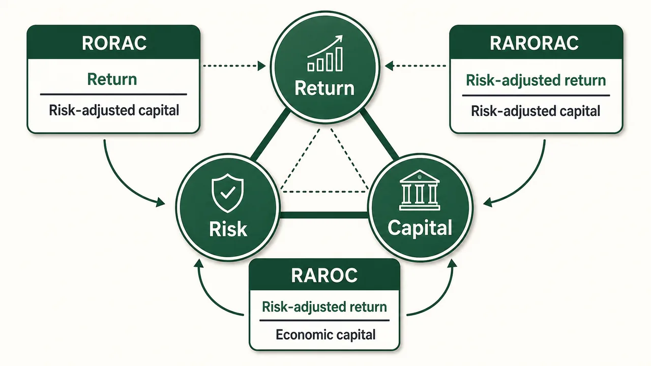 Diagram linking return, risk, and capital across RORAC, RARORAC, and RAROC measures