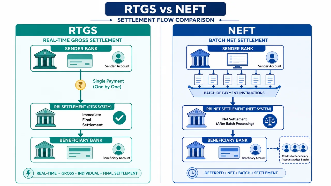 RTGS versus NEFT settlement flow comparison showing real-time gross individual settlement and deferred batch net settlement in Indian banking