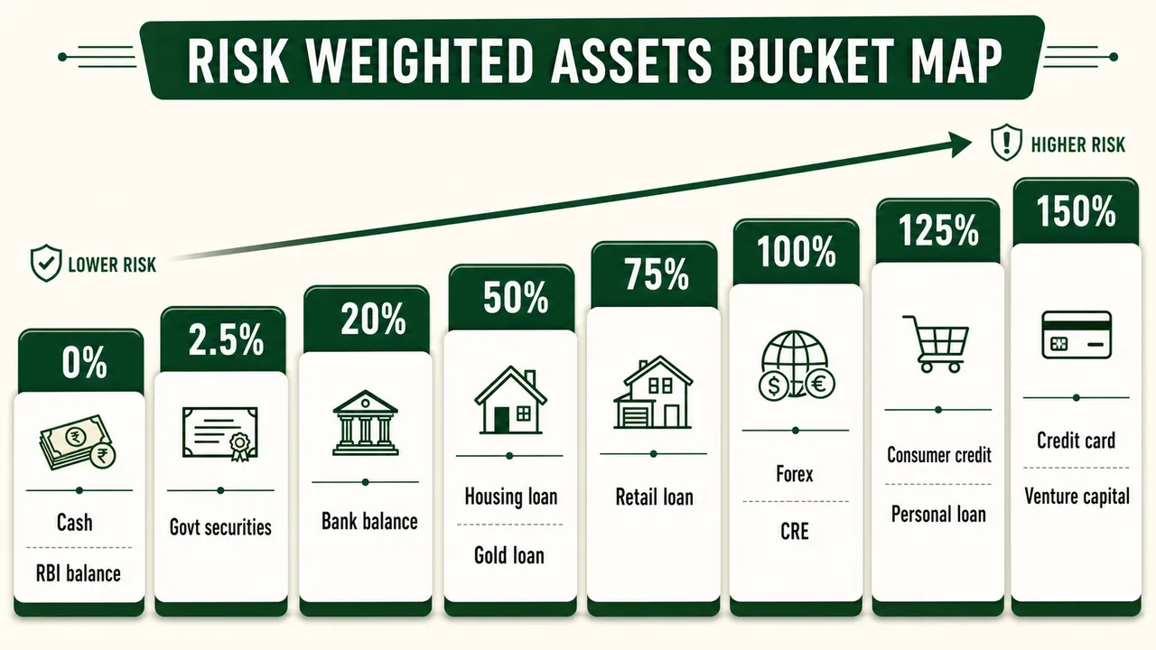 Risk weighted assets bucket chart showing sample banking assets from 0 percent to 150 percent risk weights