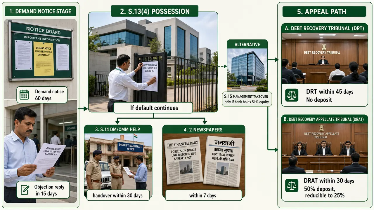 SARFAESI possession and appeal flow showing Section 13(2) demand notice, Section 13(3A) objection reply, Section 13(4) possession, Section 14 magistrate help, newspaper notice, and DRT to DRAT appeal deadlines
