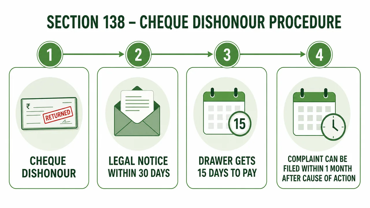 Section 138 cheque dishonour timeline showing dishonour, legal notice within 30 days, 15 days for payment, and complaint within one month after cause of action