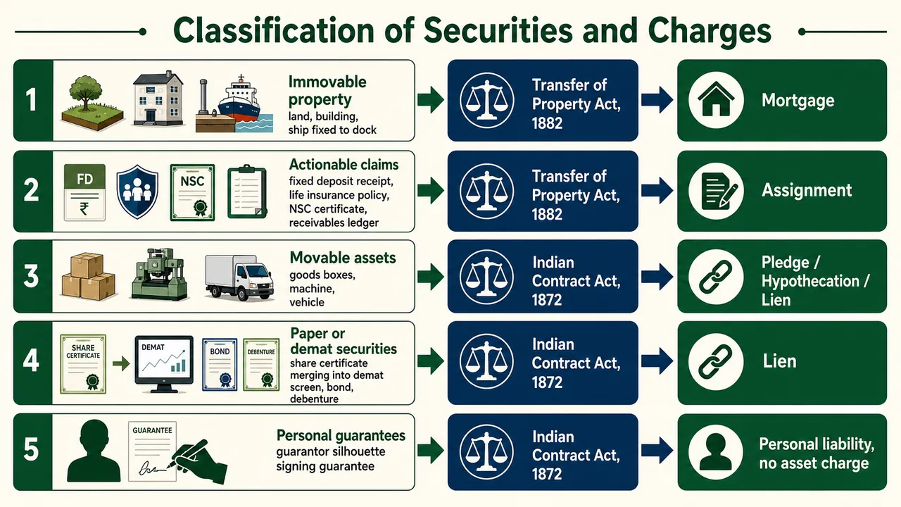 Banking securities classification chart linking immovable property, actionable claims, movable assets, demat securities, and personal guarantees to their governing laws and charge types