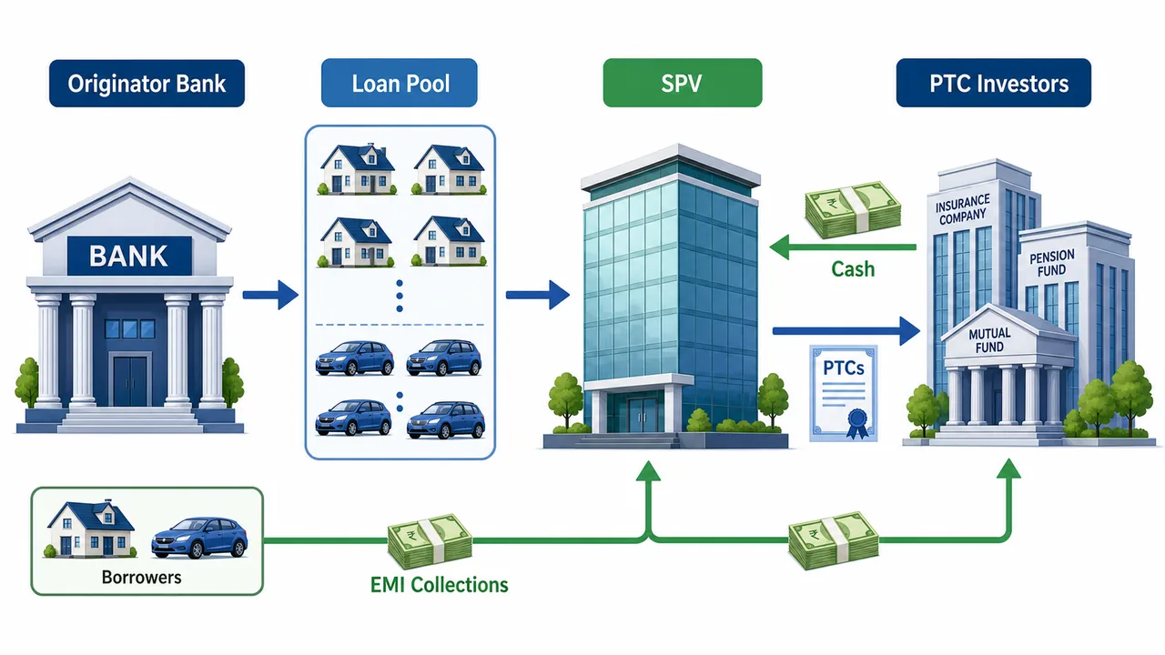 Securitisation flow for banking exams showing an originator bank transferring a loan pool to an SPV, investors buying PTCs, and EMI collections flowing through to investors