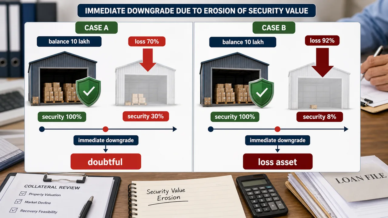 Security erosion visual for banking exams showing immediate downgrade to doubtful when collateral falls sharply and immediate downgrade to loss asset when security value falls below ten percent
