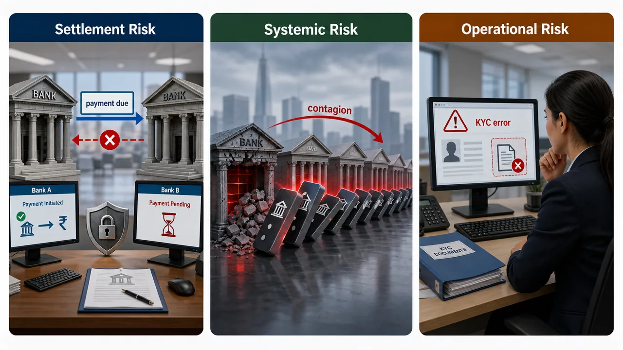Comparison of settlement risk, systemic risk, and operational risk in banking showing failed payment exchange, domino contagion across banks, and a KYC process error