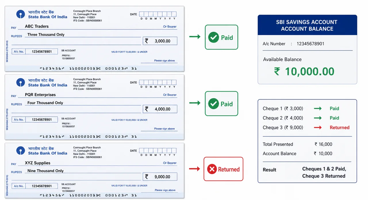 Simultaneous presentation of multiple cheques against limited balance showing which cheques are paid and which is returned