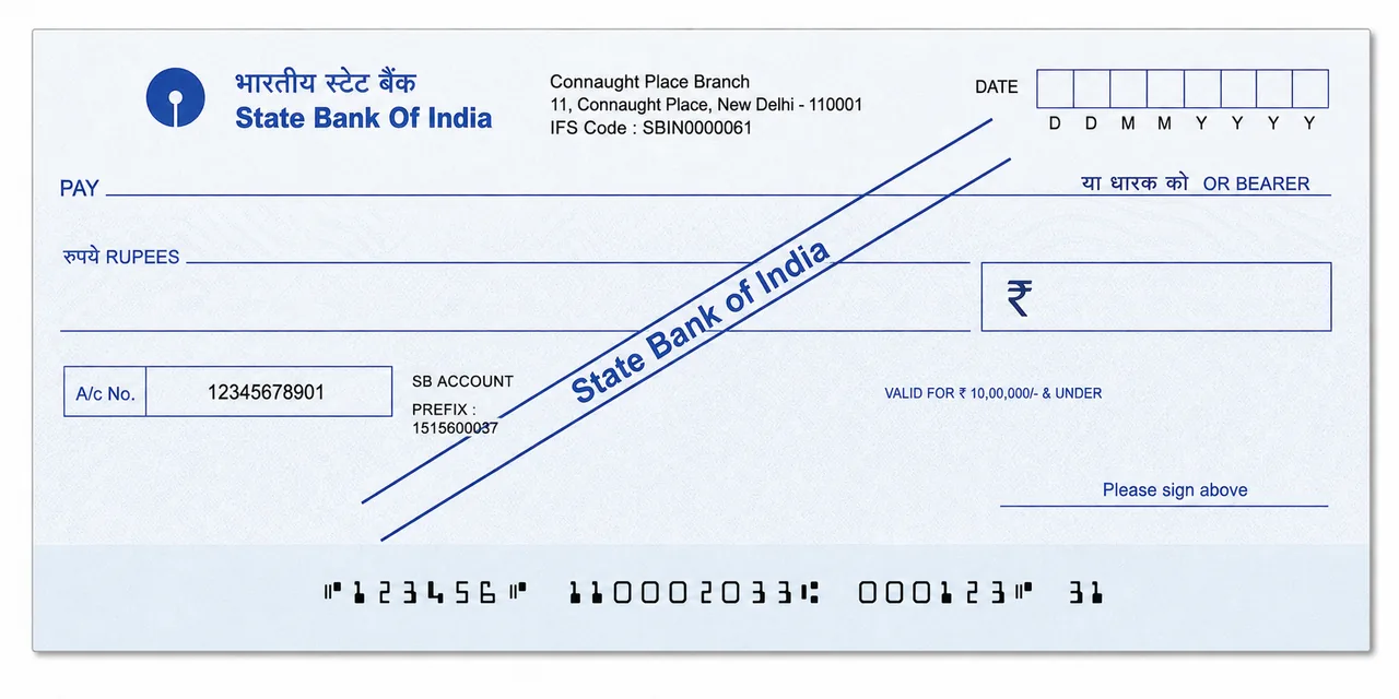 Realistic cheque specimen showing special crossing with the name of a banker across the face