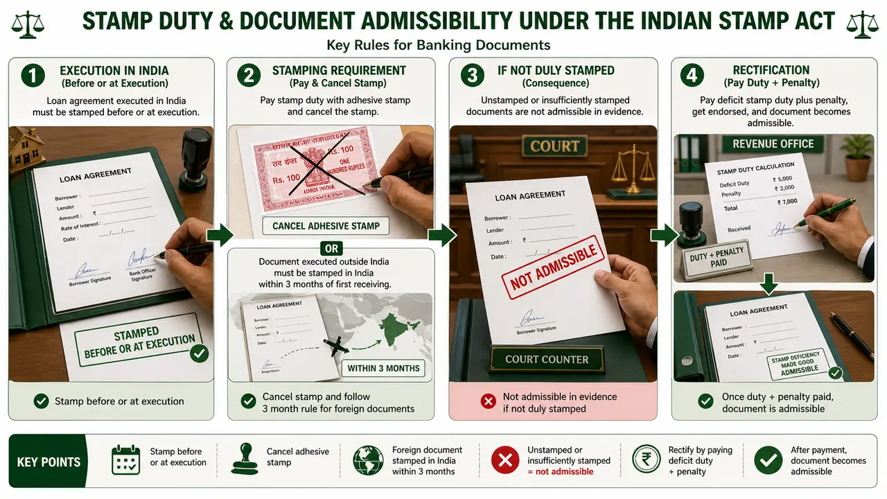 Banking stamp duty rules under the Indian Stamp Act showing execution timing, cancellation of adhesive stamps, documents signed abroad, court admissibility, and rectification by duty plus penalty