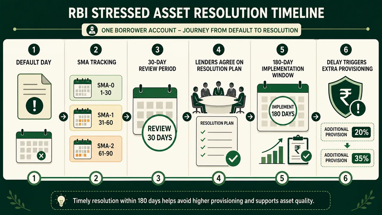 RBI stressed asset resolution timeline showing default, SMA tracking, 30-day review, lender resolution plan, 180-day implementation, and additional provisioning on delay