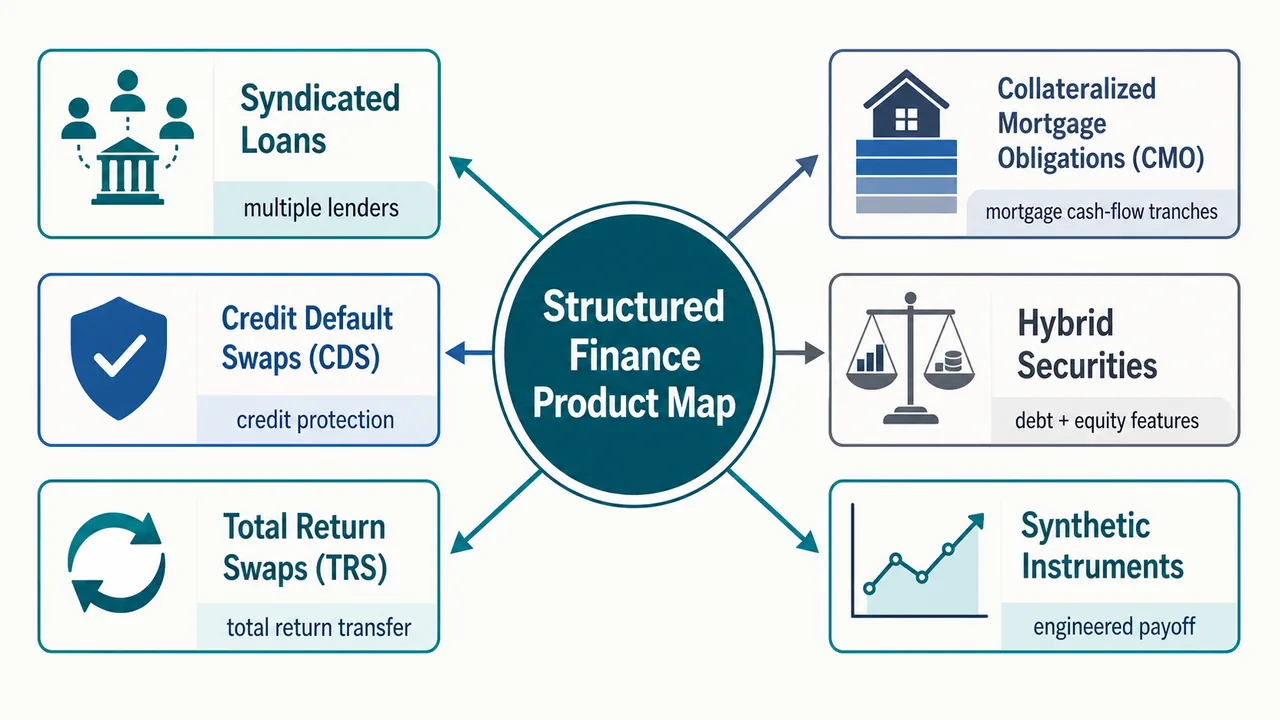 Structured finance product map covering syndicated loans, CDS, TRS, CMO, hybrid securities, and synthetic instruments