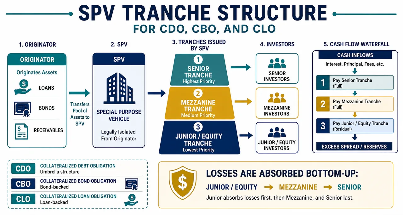 Structured finance SPV tranche structure for CDO, CBO, and CLO showing senior, mezzanine, and junior cash flow priority