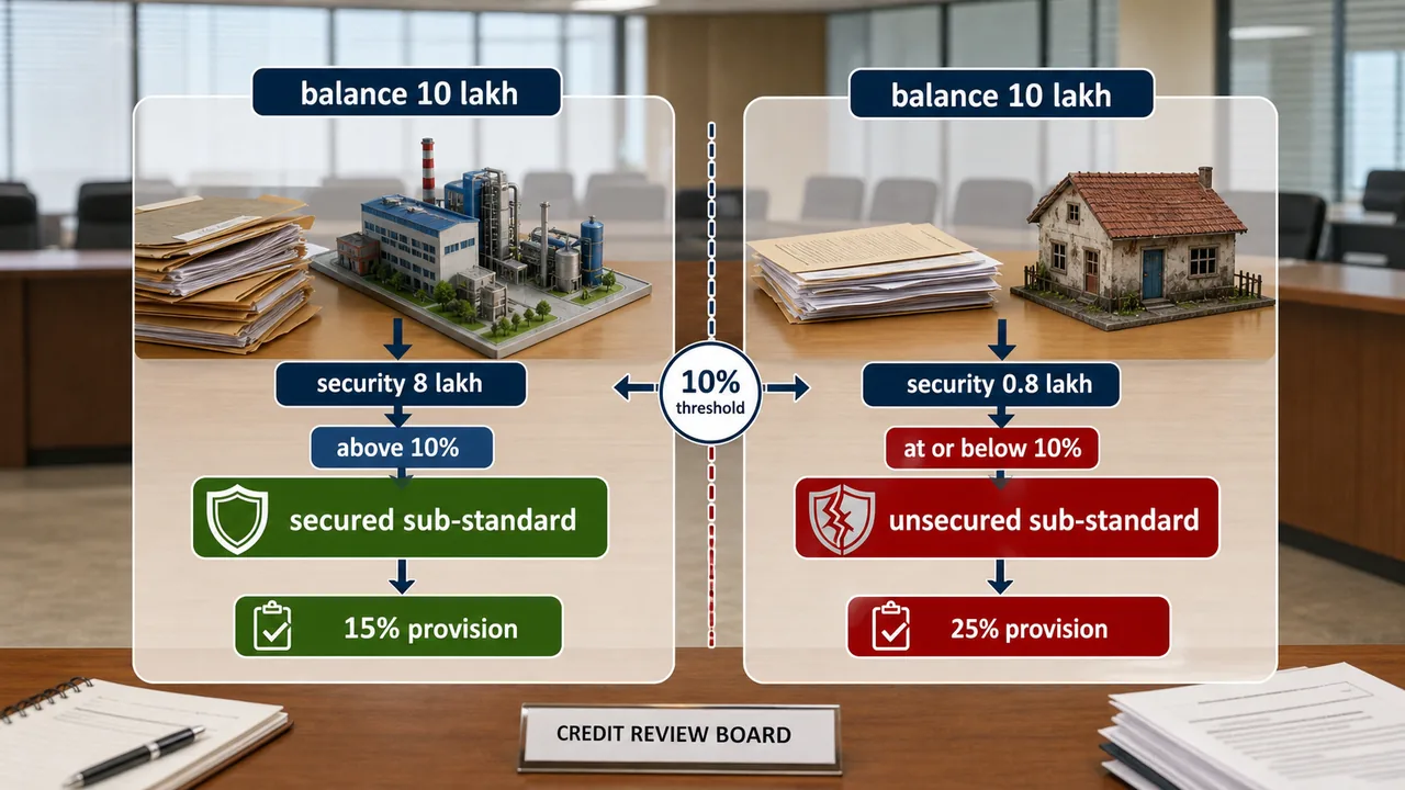Sub-standard asset visual for banking exams showing the 10 percent security-value threshold that separates secured and unsecured sub-standard accounts with 15 percent and 25 percent provisioning