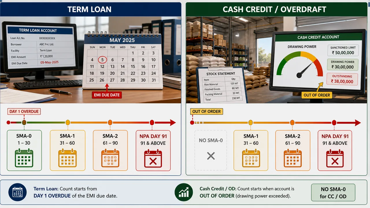 Banking exam visual comparing term loan SMA counting from EMI due date with cash credit and overdraft SMA counting from out-of-order status without SMA-0