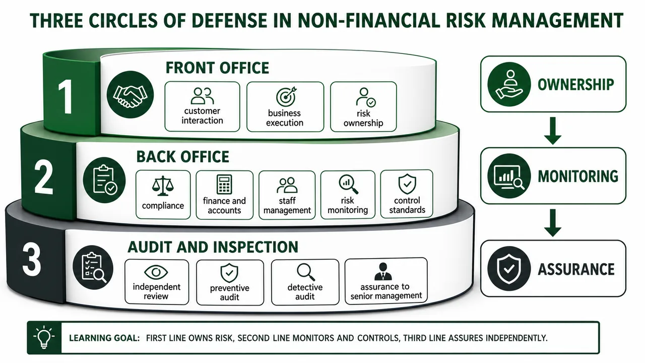 Three circles of defense in non-financial risk management showing front office ownership, back office monitoring, and audit assurance