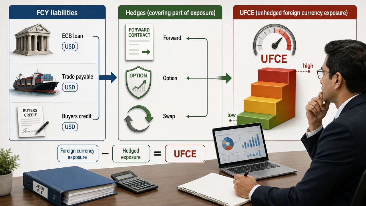 Unhedged foreign currency exposure diagram showing foreign currency liabilities, partial hedges through forward option and swap contracts, and the remaining UFCE that increases bank credit risk