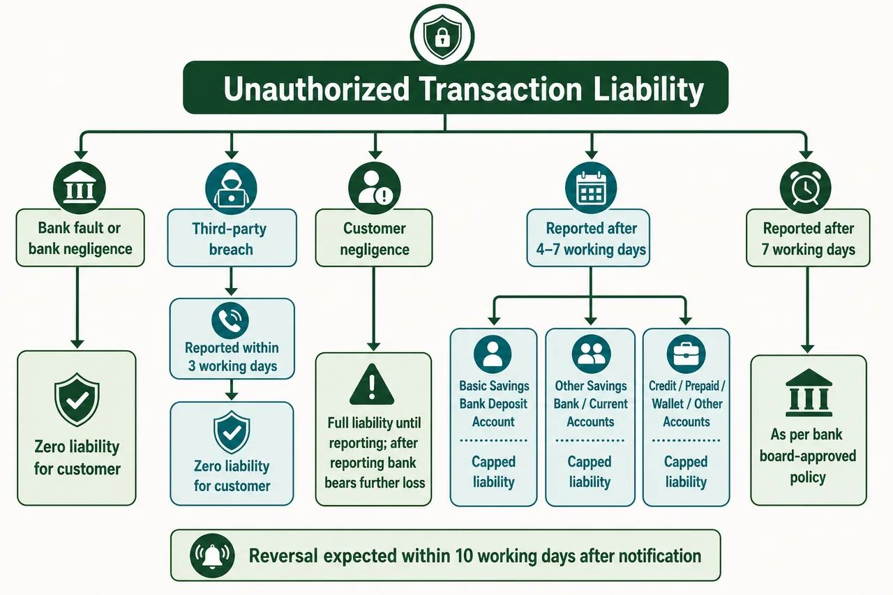 Decision tree for customer liability in unauthorized electronic banking transactions showing zero liability, customer negligence, delayed reporting, and bank board-approved policy outcomes