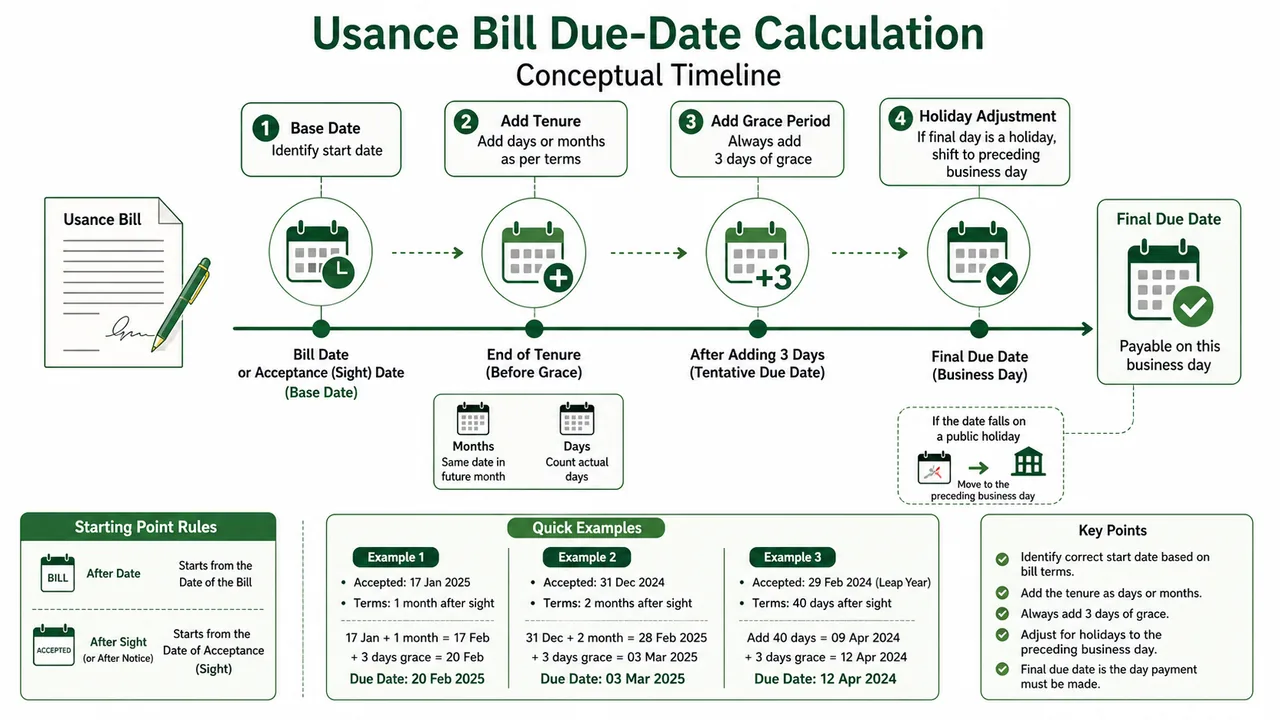 Usance bill due-date timeline showing the base date, tenure addition, three days of grace, and holiday adjustment to the preceding business day