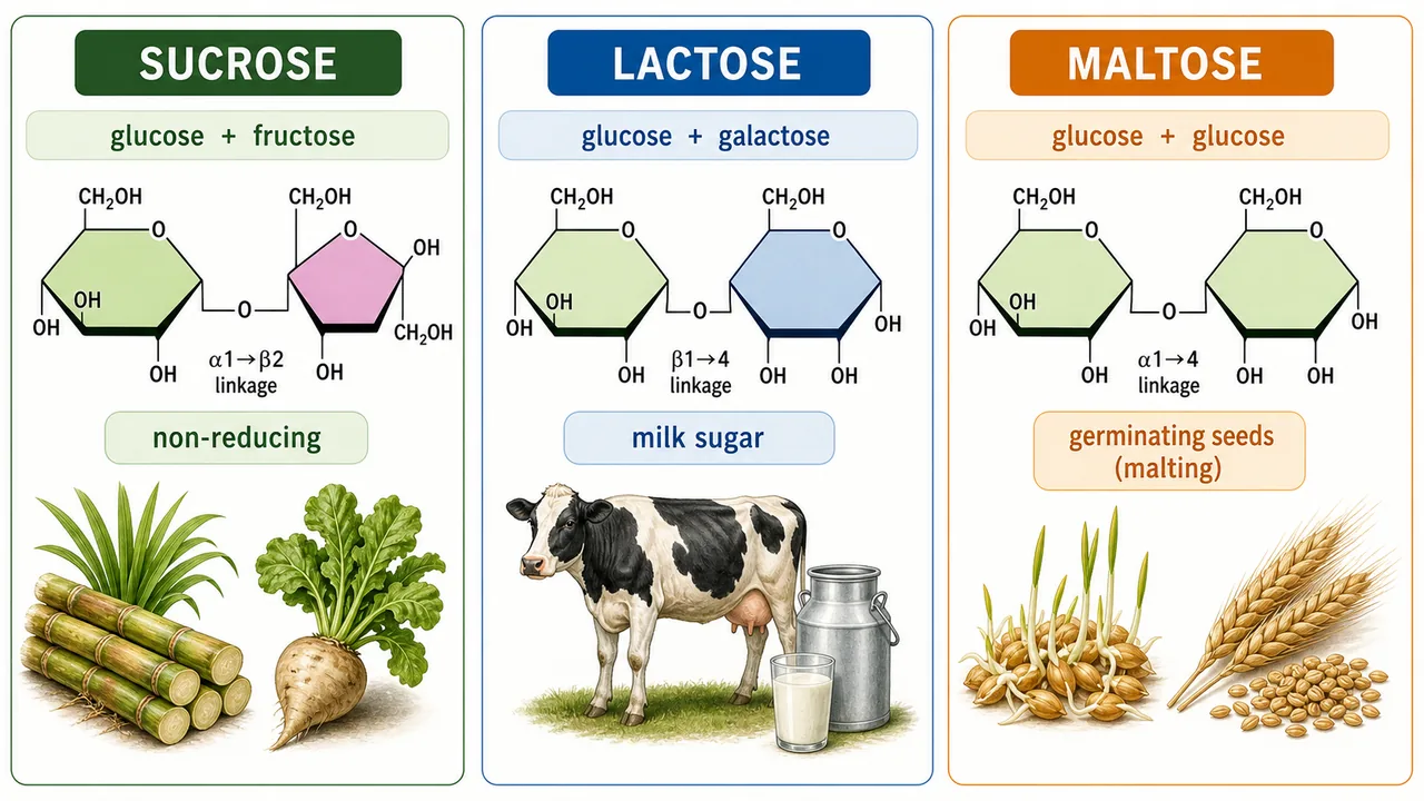 Comparison of sucrose, lactose, and maltose showing component monosaccharides and agricultural relevance such as sugarcane and germinating barley