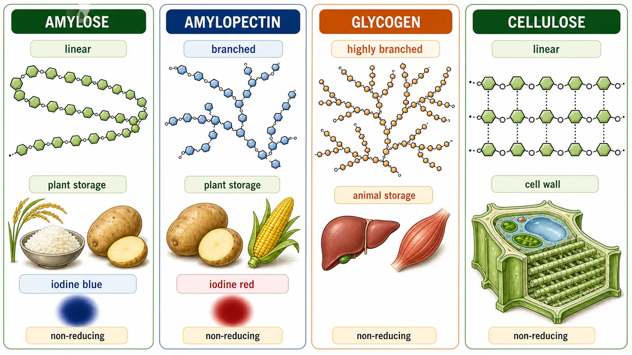 Comparison of amylose, amylopectin, glycogen, and cellulose showing linear and branched structures, plant versus animal storage, and cell wall function