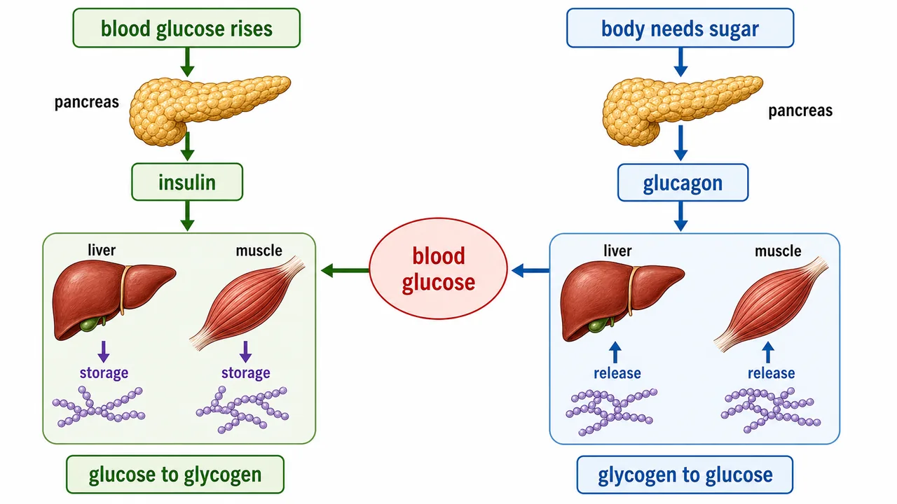 Insulin and glucagon control of blood glucose showing pancreas signals for glucose to glycogen storage and glycogen to glucose release