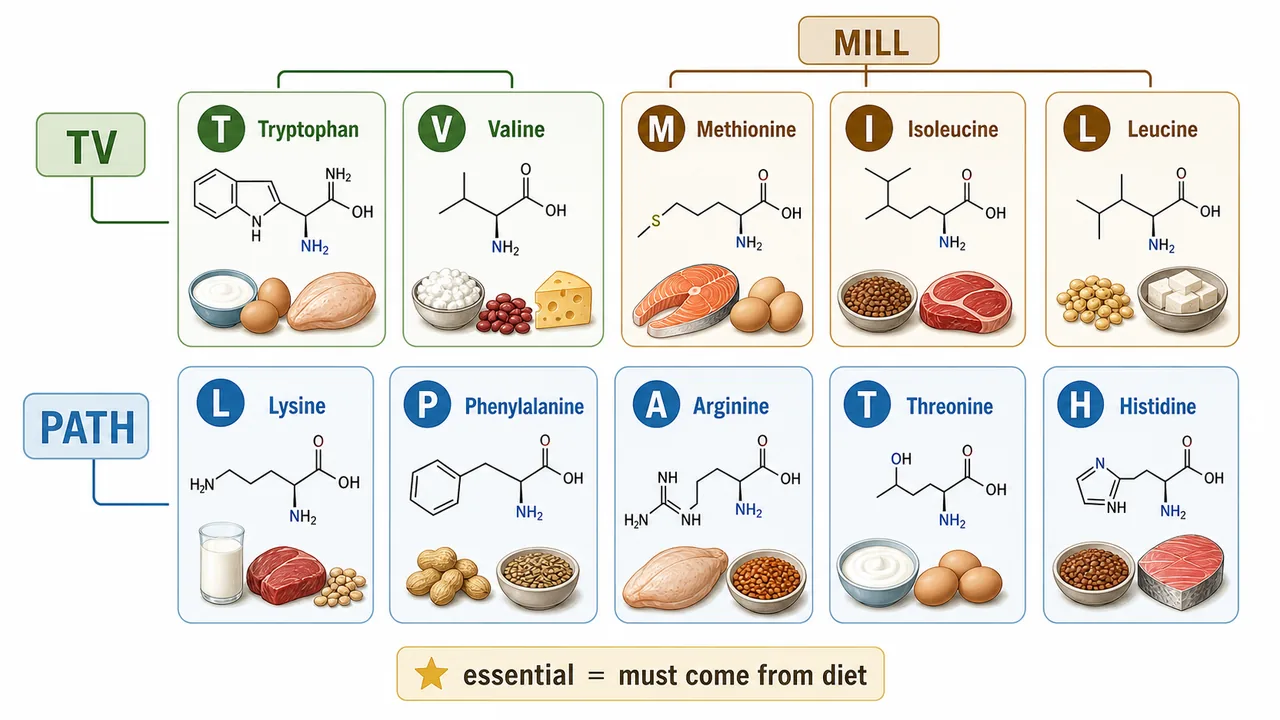 Mnemonic map of the ten essential amino acids using TV MILL PATH with grouped amino acid names for nutrition and crop science study