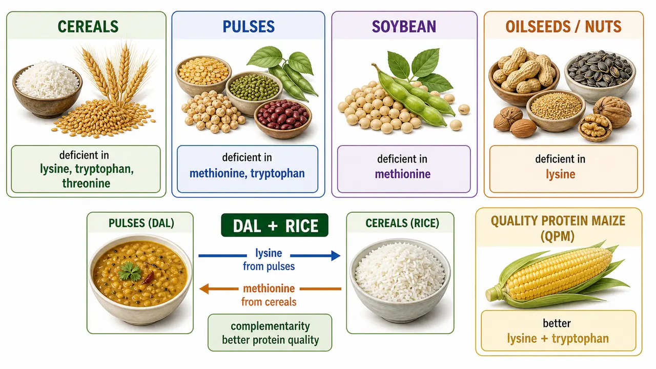 Crop protein deficiencies and complementarity showing limiting amino acids in cereals, pulses, soybean, oilseeds, and the dal plus rice nutrition balance