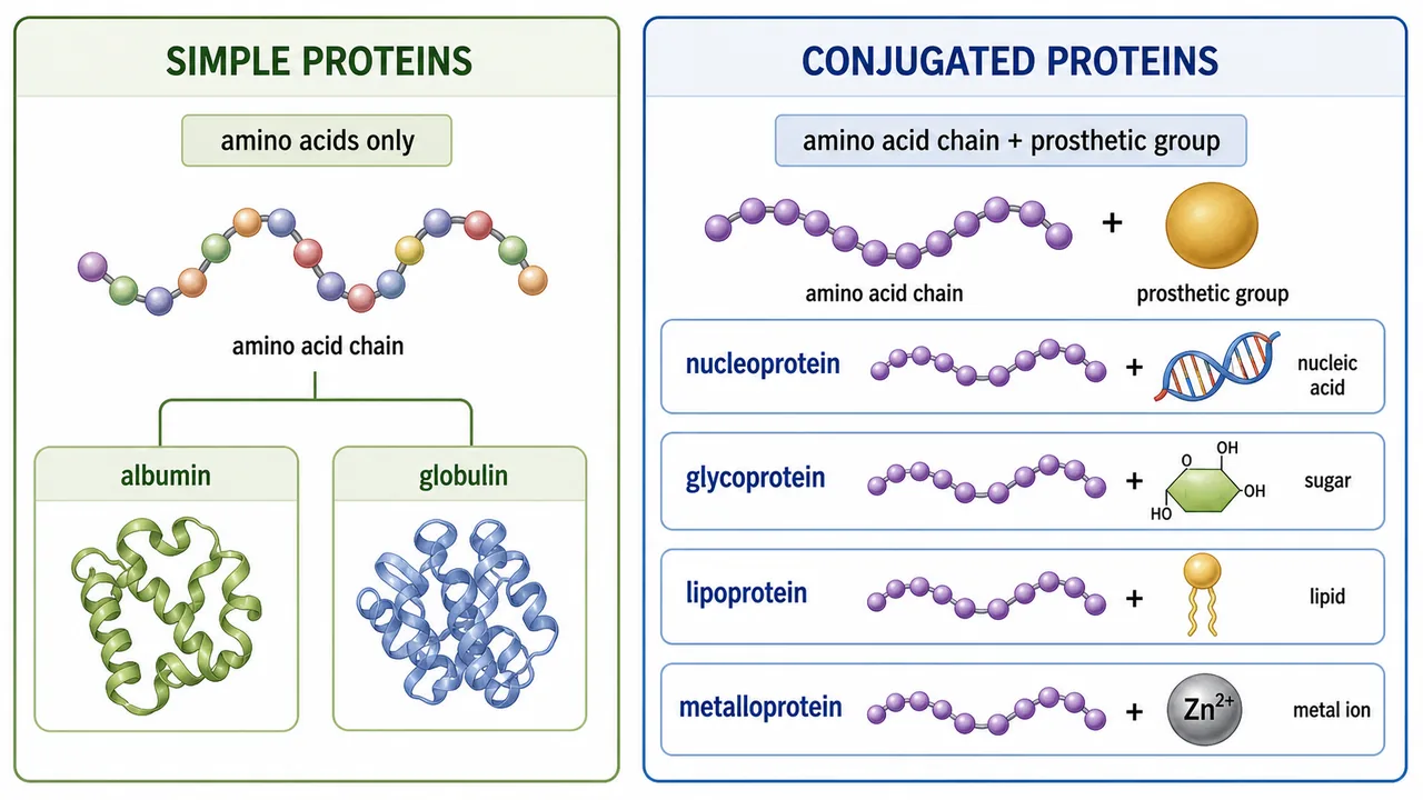 Simple proteins versus conjugated proteins showing amino-acid-only proteins and proteins combined with prosthetic groups like sugar, lipid, metal, or nucleic acid