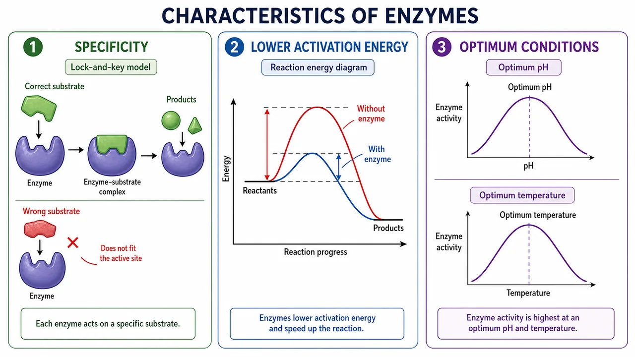 Enzyme characteristics diagram showing substrate specificity, lowering of activation energy, and optimum pH and temperature conditions in agricultural biochemistry