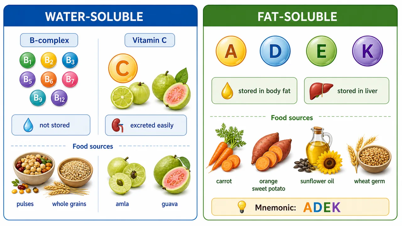 Vitamin classification board comparing water-soluble vitamins with fat-soluble vitamins and showing agricultural food examples used in nutrition and crop biofortification