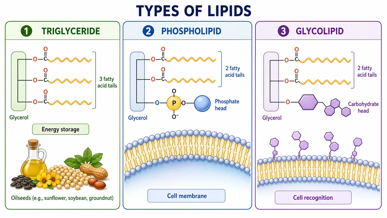 Lipid types comparison showing triglyceride for energy storage, phospholipid for cell membrane structure, and glycolipid for cell recognition