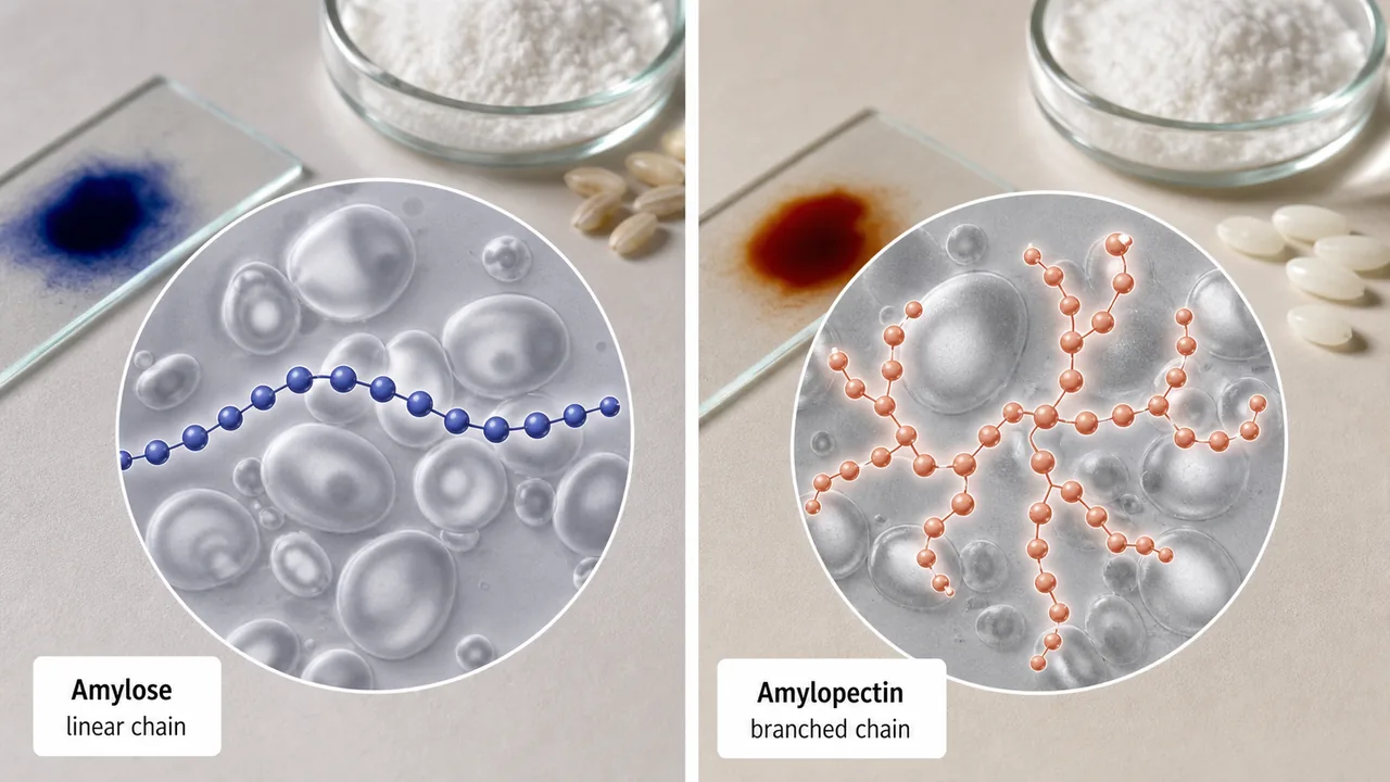 Educational diagram comparing amylose and amylopectin starch chains with alpha 1-4 and alpha 1-6 glycosidic bonds