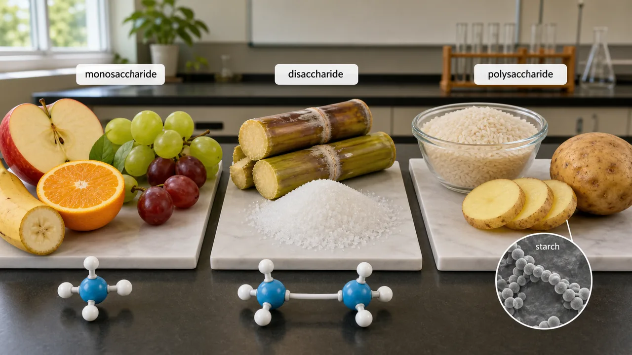 Classification of carbohydrates into monosaccharides, disaccharides, and polysaccharides with crop examples