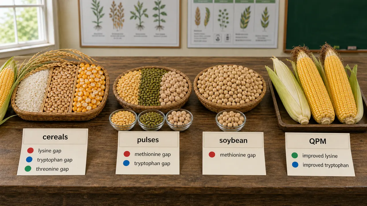 Crop protein deficiency chart comparing cereals, pulses, soybean, and quality protein maize by limiting amino acids