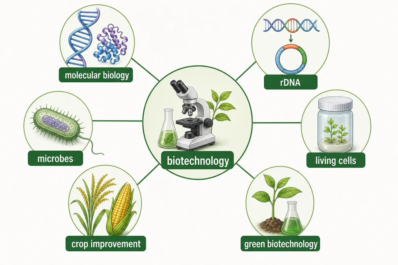 Concept map of biotechnology connecting molecular biology, recombinant DNA, living cells, microbes, crop improvement, and green biotechnology
