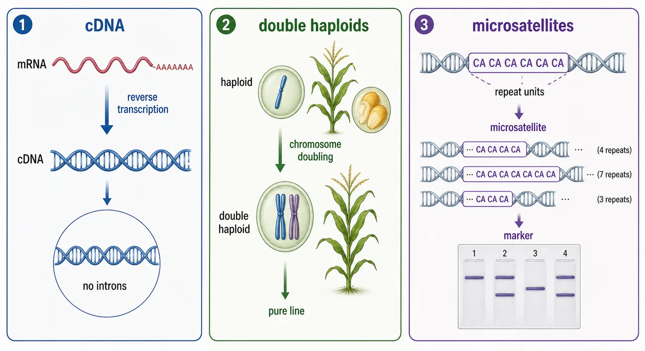 Teaching board explaining cDNA from mRNA by reverse transcription, chromosome doubling to form double haploids, and microsatellite repeat units used as molecular markers