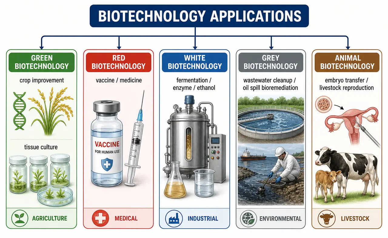 Color-coded biotechnology applications board showing green agriculture, red medical, white industrial, grey environmental, and animal biotechnology