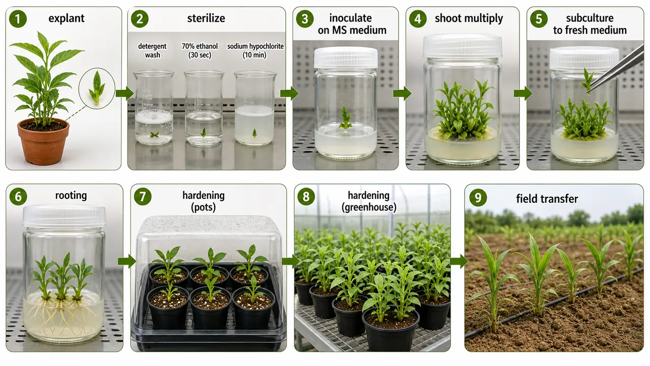 Plant tissue culture workflow showing explant sterilization, culture on nutrient medium, shoot multiplication, subculturing, rooting, hardening, and transfer to field soil