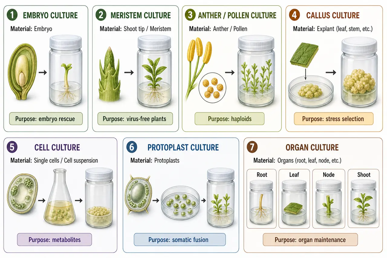Classification of plant tissue culture techniques showing embryo, meristem, pollen, callus, cell, protoplast, and organ culture with their main uses