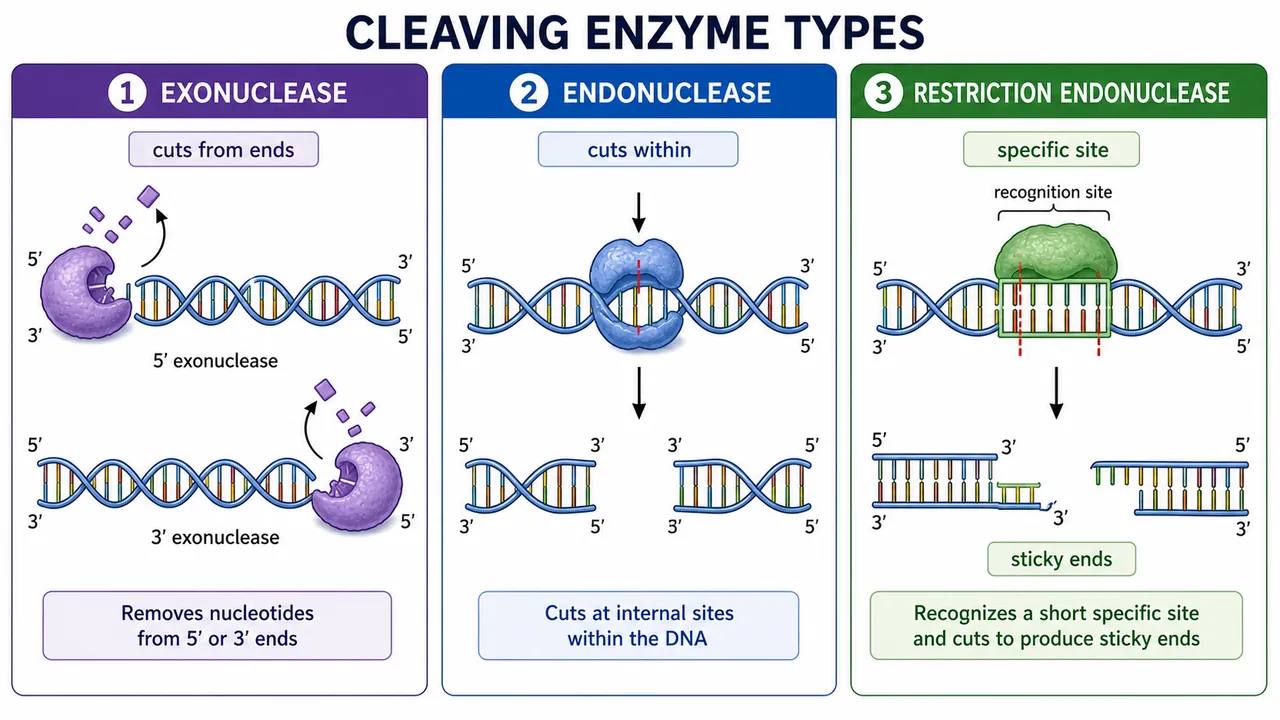 Comparison of exonuclease, endonuclease, and restriction endonuclease showing cutting from DNA ends, cutting within DNA, and cutting at specific recognition sites with sticky ends