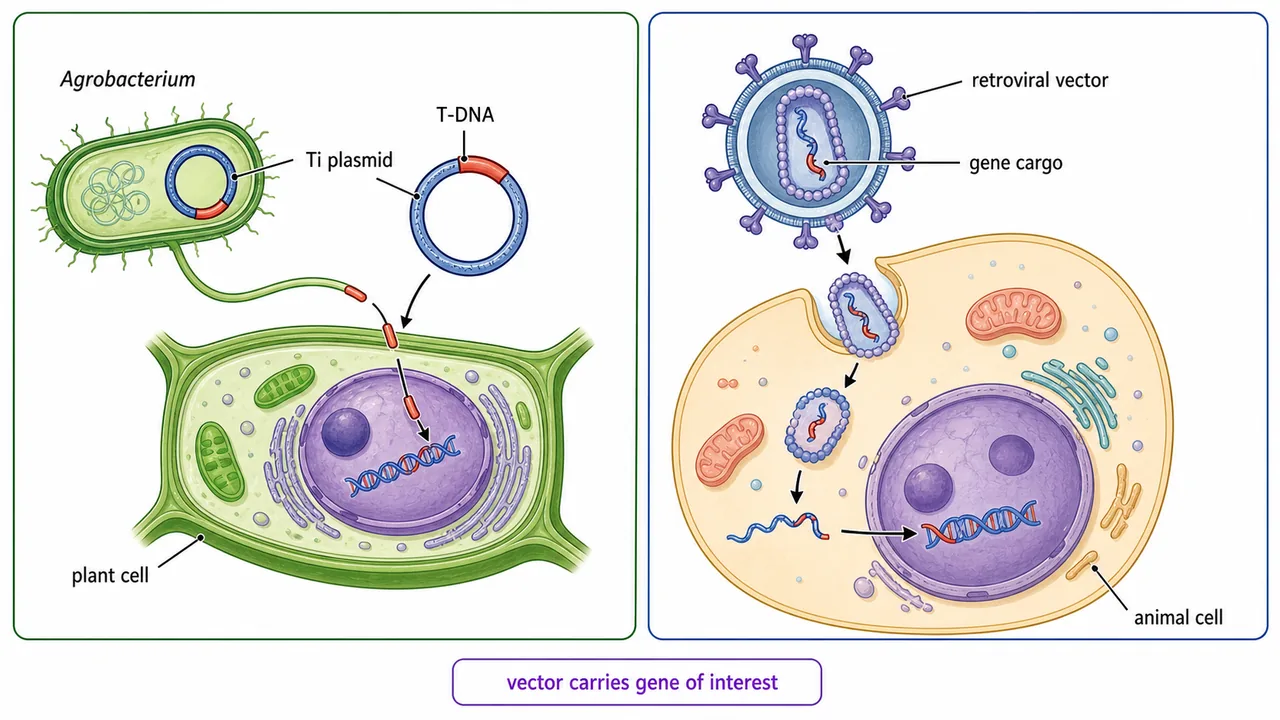 Plant and animal cloning vectors comparison showing Agrobacterium Ti plasmid delivery of T-DNA into plant cells and retroviral gene delivery into animal cells