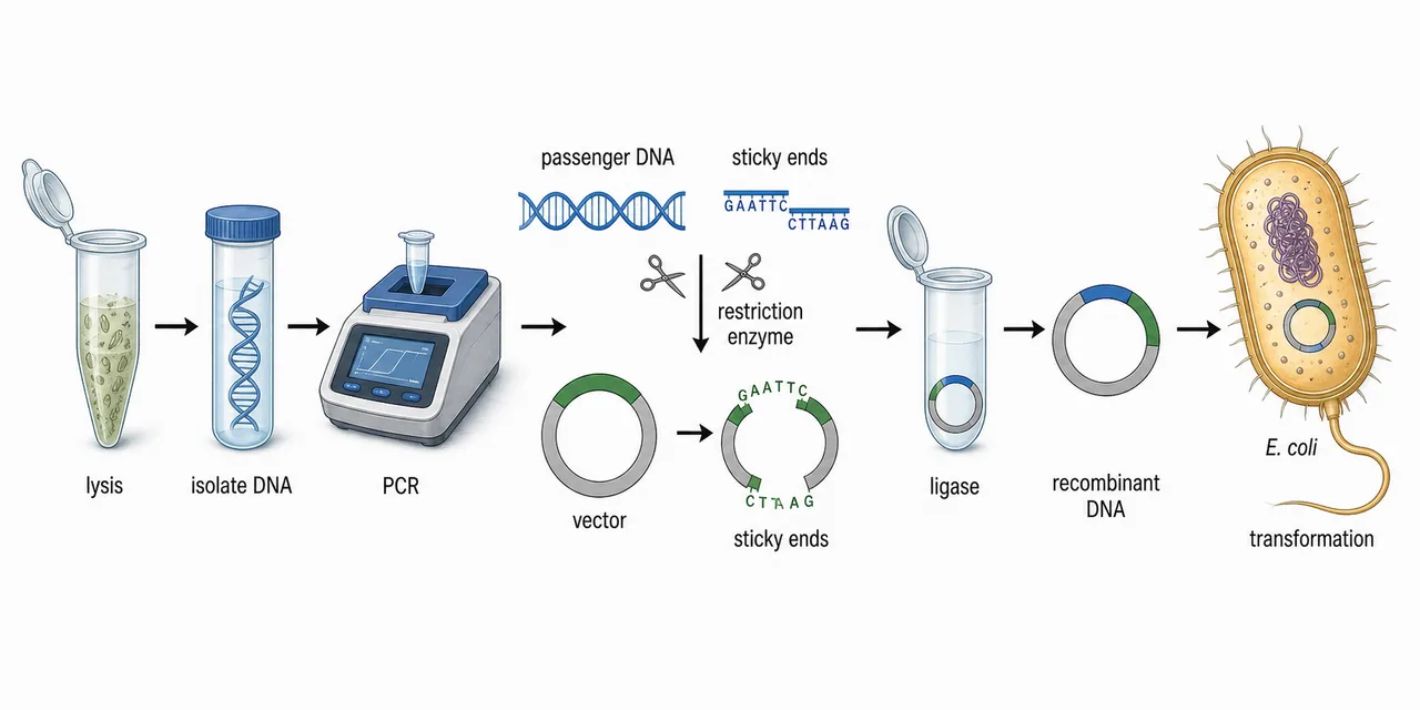 Workflow diagram of recombinant DNA technology showing lysis, DNA isolation, PCR amplification, restriction cutting of passenger and vector DNA, ligase joining, and transformation into E. coli