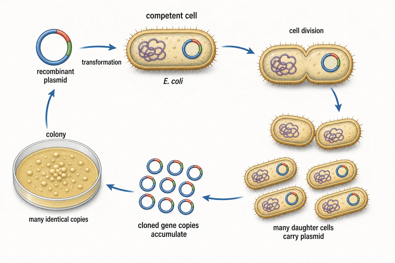 Gene cloning cycle in E. coli showing recombinant plasmid transformation, cell division, daughter cells carrying plasmid, colony formation, and accumulation of identical cloned gene copies
