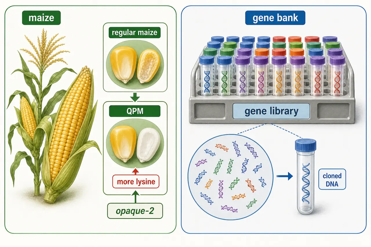 Biotechnology application board showing Opaque-2 based Quality Protein Maize with more lysine and a gene bank storing cloned DNA fragments as a gene library