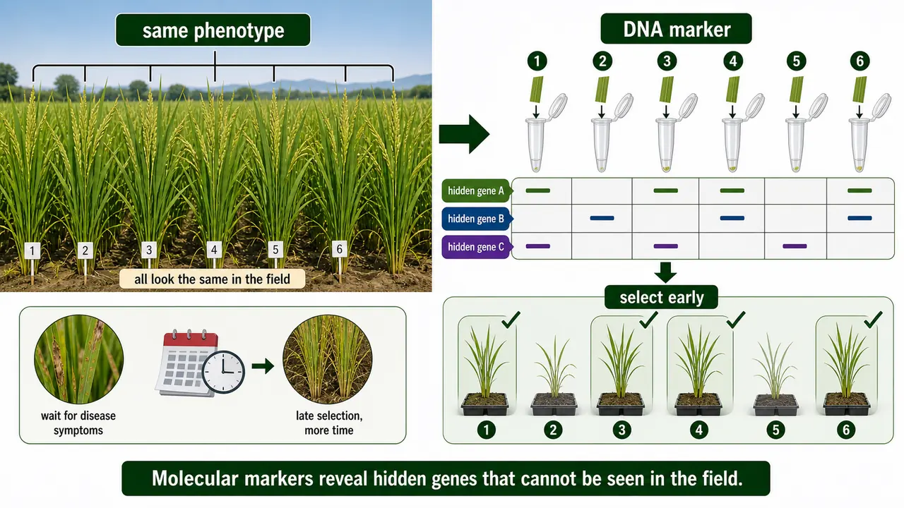 Comparison of phenotype based selection and DNA marker tracking showing visually similar plants but different hidden genes detected by molecular markers