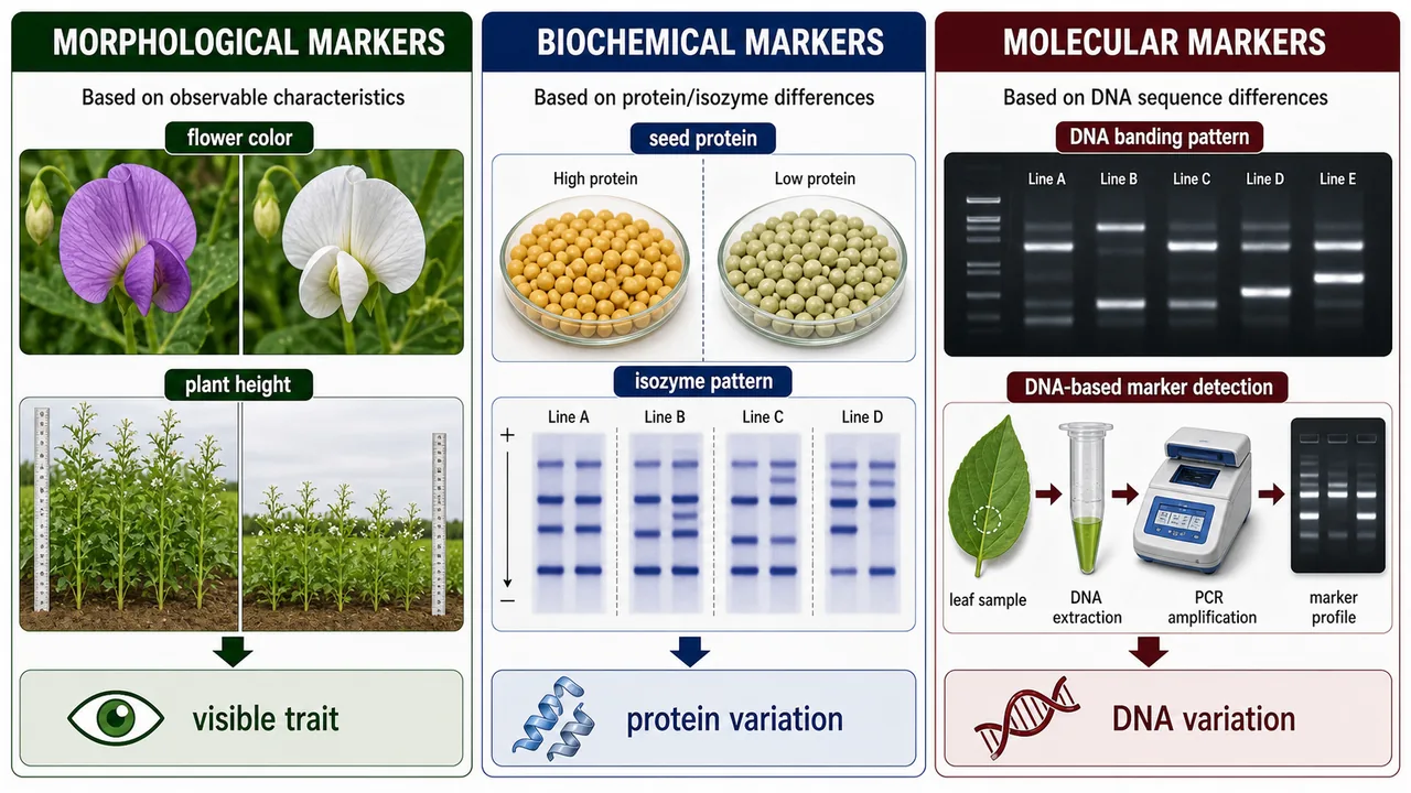 Comparison of morphological, biochemical, and molecular genetic markers showing visible trait variation, protein variation, and DNA variation