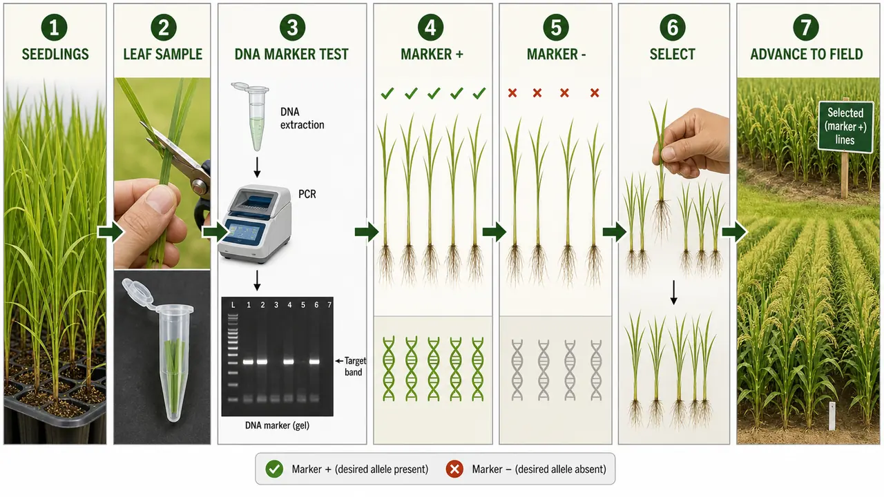 Marker-assisted selection workflow in crop breeding showing seedling leaf sampling, DNA marker testing, identification of marker-positive plants, and advancement of selected lines to field evaluation