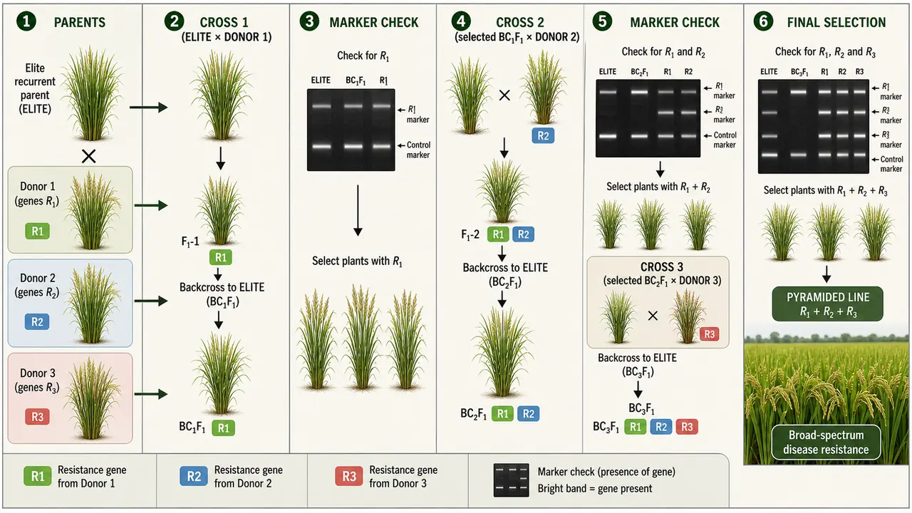 Gene pyramiding in crop breeding showing sequential crossing of donor parents carrying R1, R2, and R3 resistance genes into an elite parent, marker checks after each cross, and final selection of a line carrying all three genes