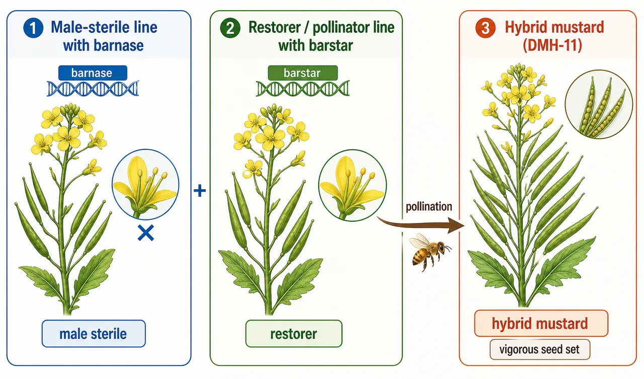 Teaching board showing the DMH-11 barnase-barstar system with a male-sterile mustard line, restorer line, pollination, and resulting hybrid mustard