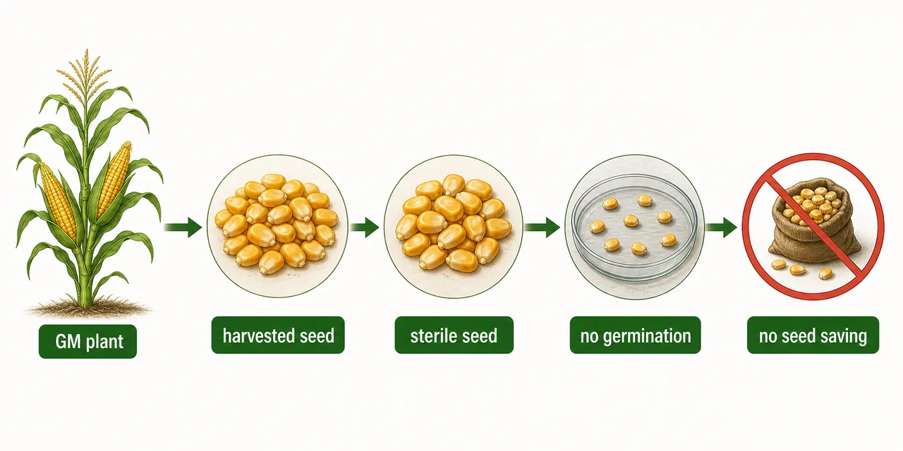 Workflow showing a GM plant producing harvested seed that becomes sterile and fails to germinate, illustrating terminator technology and loss of seed saving